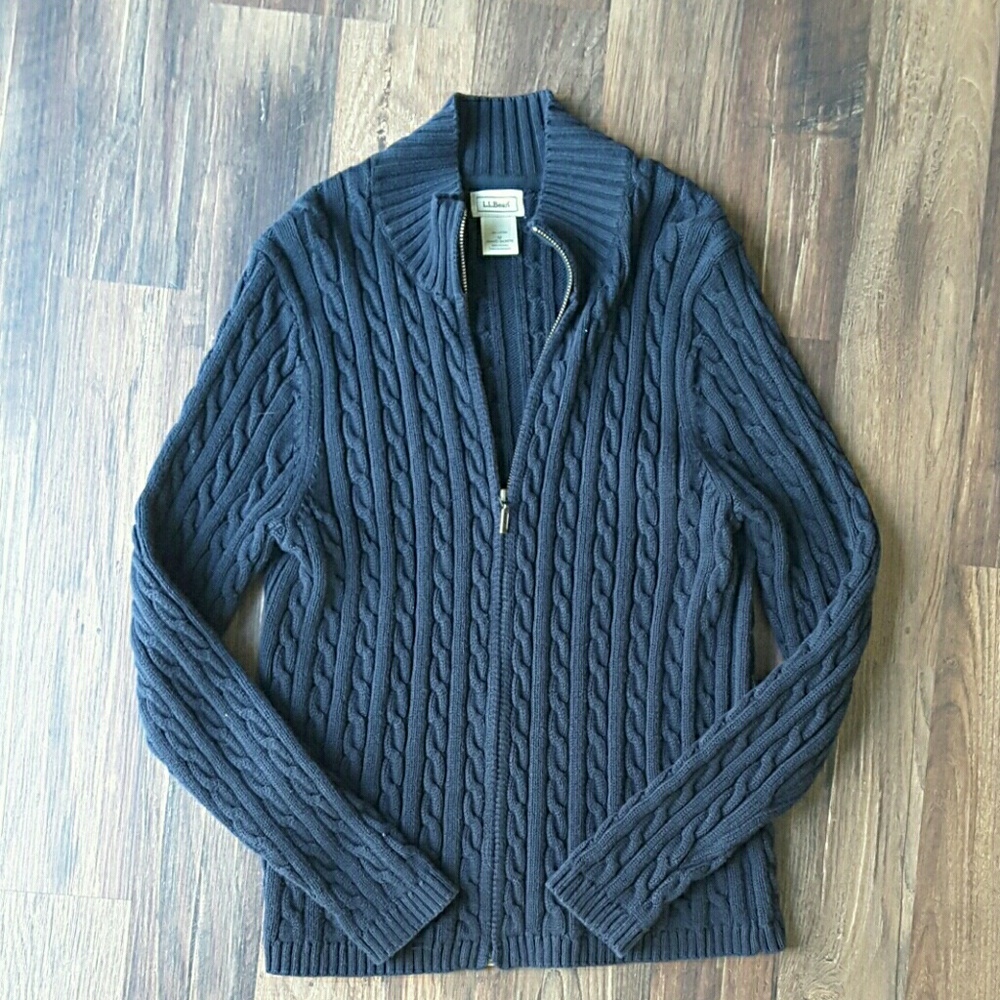Full zip LL Bean navy blue cable knit sweater